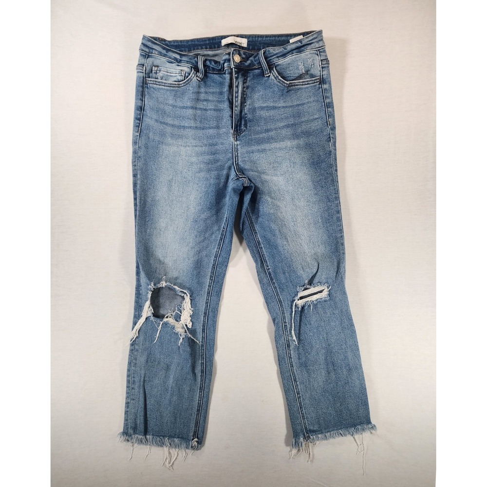 Vervet Crop Jeans Womens 31 Light Wash Blue Distressed Raw Frayed Hem V2210